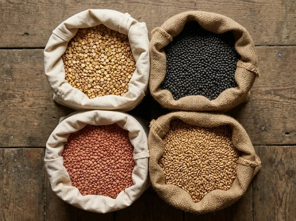 Tur, urad, masoor and wheat in separate sacks